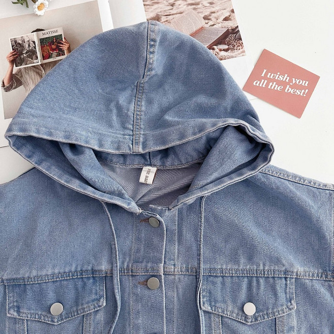 連帽抽繩牛仔長袖外套 韓版寬鬆長袖襯衫 女性外套