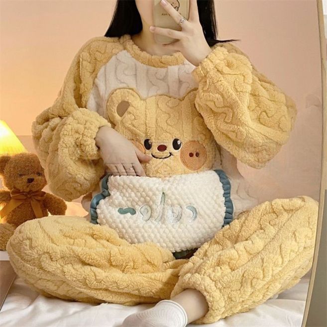 플란넬 파자마 가을겨울 도톰하고 기모 달콤 라운드넥 수면잠옷 극세사 산호털 실내복 여성의류