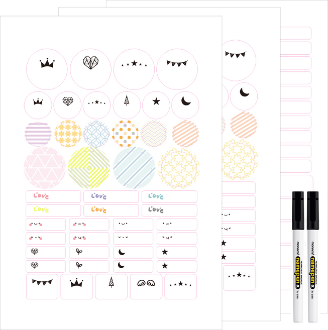 드림팜 방수네임스티커 라벨스티커 A4*2장 무지 A4*1장 + 네임펜 2개, 북유럽패턴-화이트바탕