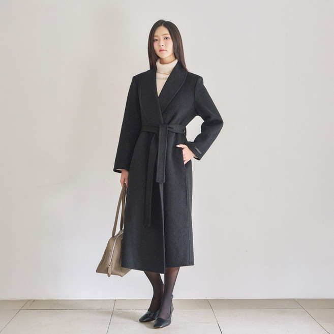 더웨이나인 여자 롱 울코트 검정 겨울 자켓 모직 벨티드 숄