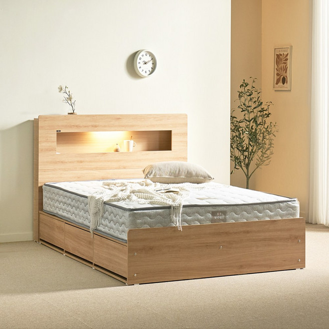 (매트포함)보루네오 국내제작 LED 멀티수납 고급형 통서랍 침대프레임 SS Q+호텔용 양면 매트리스(수도권 희망일배송 방문설치), 11.헤이즈(오크) 6회전 본넬매트