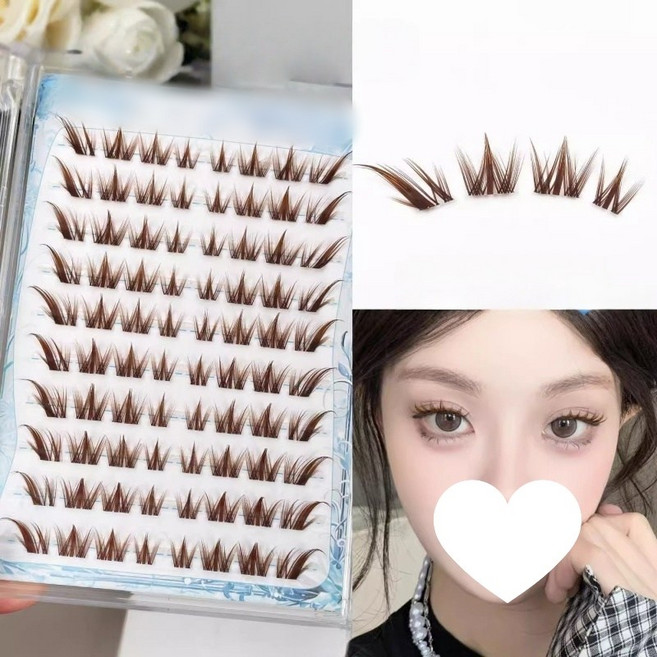 MorningSea 노글루 다크브라운 강아지 속눈썹 전체 눈꼬리연장 가 부분 풍성 여우 속눈썹 10줄, 1개