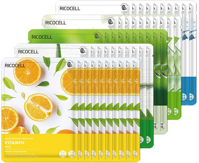 리코셀 촉촉 수분 에센스 마스크팩 알로에 10p + 콜라겐 10p + 달팽이 10p + 비타민 10p + 녹차 10p, 1개