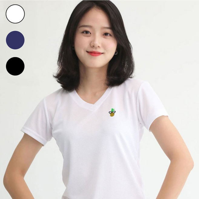 쿨링반팔 쿨론 브이넥 반팔 면티 기본티 여름 기능성 남녀공용 파인애플 자수