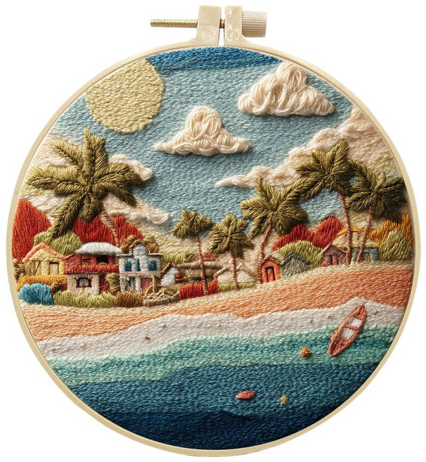 素子繡 刺繡DIY風景材料包, 陽光沙灘非成品25cm布,材料包 15cm仿竹繡繃, 1個