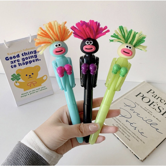 아이디어볼펜 권투복싱볼펜 3개입 뽀글머리 재미있는볼펜, 1세트, 검정,블루,연두