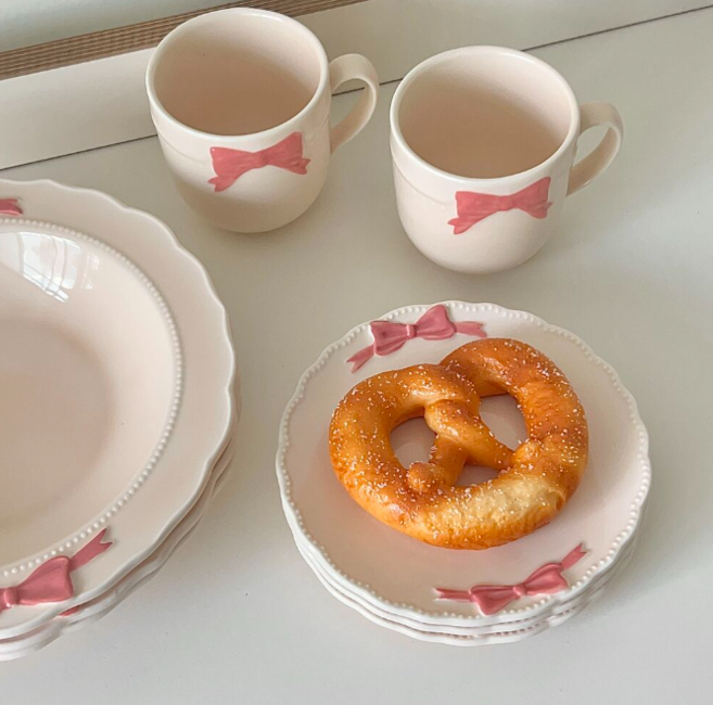 허니상점 리본 프릴 도자기 볼 접시 머그 디저트접시 파스타볼 플레이트 / 3style, 리본머그, 1개