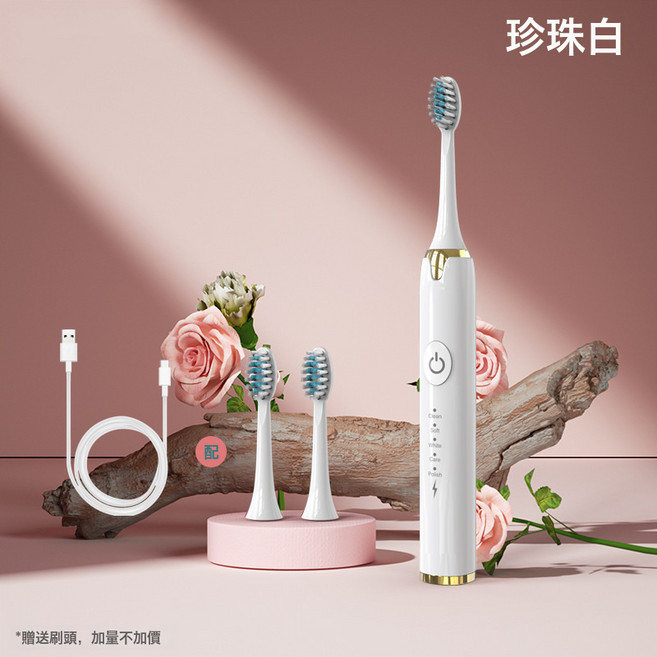 DFMEI 電動牙刷成人軟毛充電式男女學生聲波牙刷情侶套裝軟毛牙刷, 1個, 1個裝, 白色【充電款】五檔調節  3刷頭:如圖