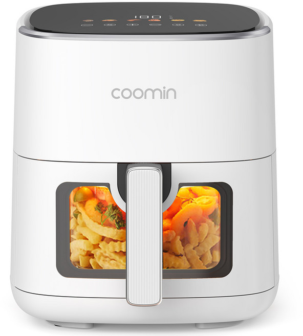 투명창 에어프라이어 시각화 에어프라이기 가정용 에어후라이기 5L 대용량 삼겹살 요리 치킨 감자 고구마 생선 군밤 적용 스마트 바스켓형, 화이트