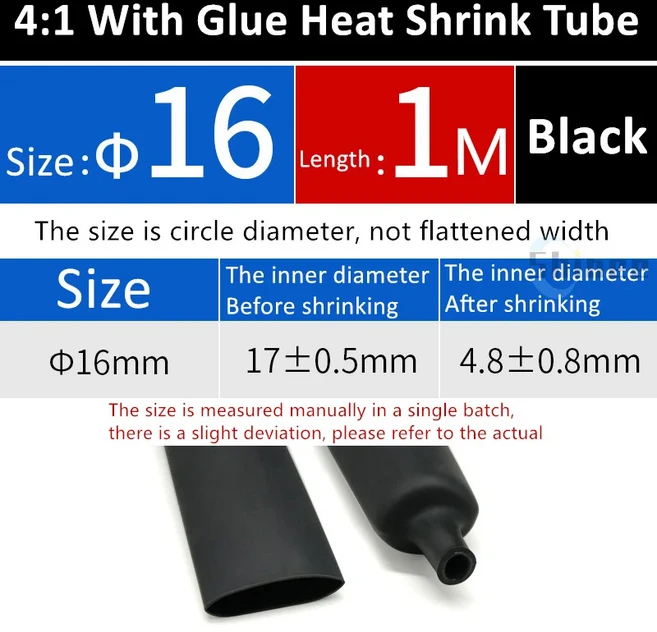 1/5/10/25/50M 4:1 열수축 튜브(접착 포함) 이중 벽 튜브 직경 4 6 8 12 16 20 24 40 52 72mm 접착 라이닝, 07 1Meter, 04 16mm