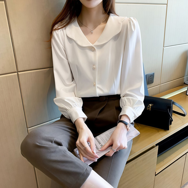 POMTOR 여성 봄여름 화이트 긴팔 블라우스 캐주얼 셔츠 예쁜 모던한 트리밍 칼라 디자인 상의