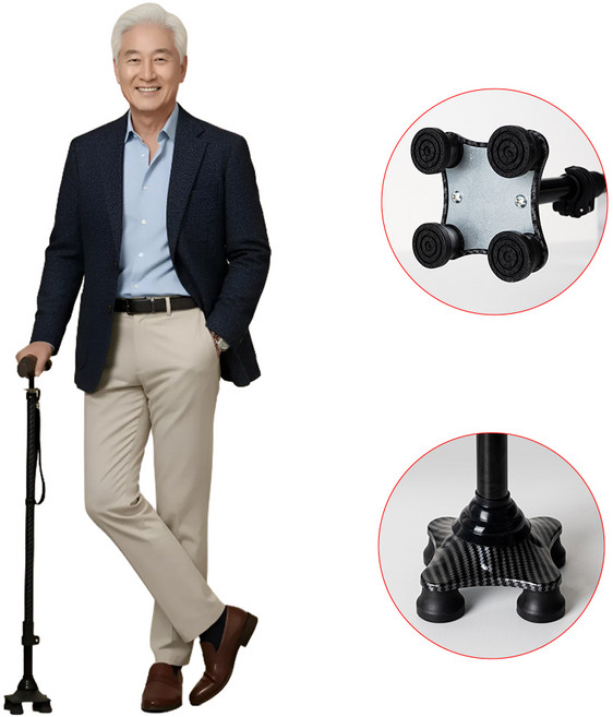 웰비 고급형 카본 사발 지팡이 노인 4발 네발 의료용 어르신용 WB613S, 카본 실버, 1개