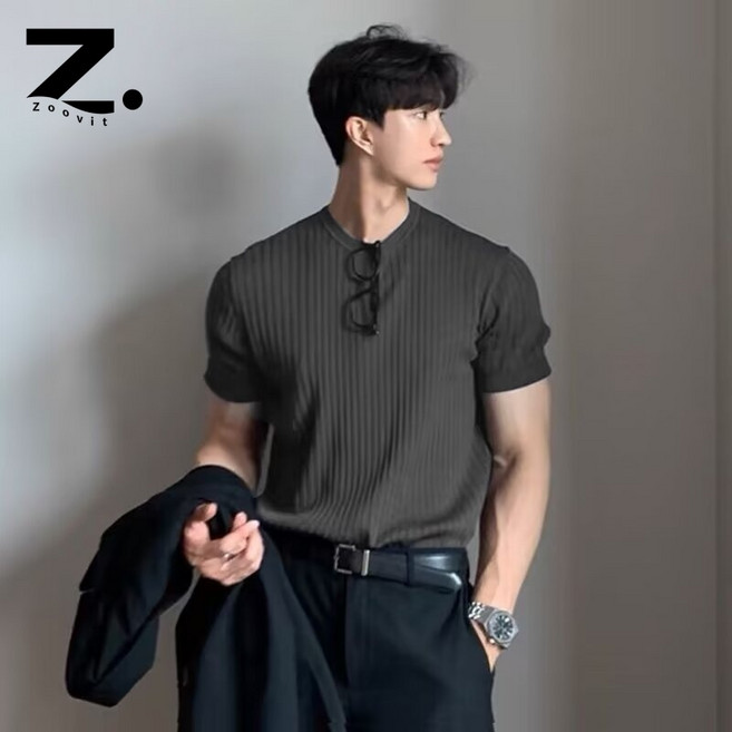 Zoovit 남성 라운드 니트 반팔 티 여름 슬림 반팔 니트 티셔츠