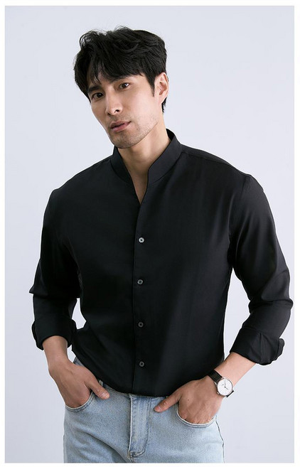 紳士痞帥莫代爾半開領商務時尚長袖襯衫男士抗皺立領休閒襯衣修身