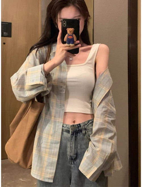 [인생코디 2종세트]시원한체크남방+슬림핏 화이트반팔티 오버핏 레이어드룩