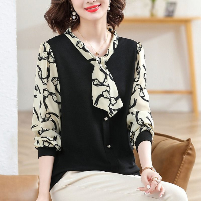 중년 여성 블라우스 봄 가을 엄마 패션 기질 긴팔 티셔츠 캐주얼 코디 쉬폰 소매 이너 셔츠 상의 SJS