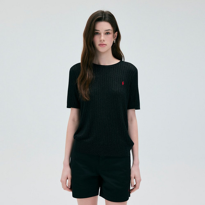 라파클럽 여성 소프트 펄 골지 라운드넥 반팔 니트 스웨터 여름 자수 로고