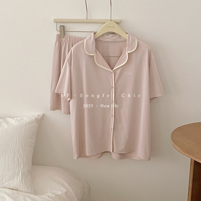 SONGFEI CHIC 女款撞色開衫涼感冰皮睡衣套裝