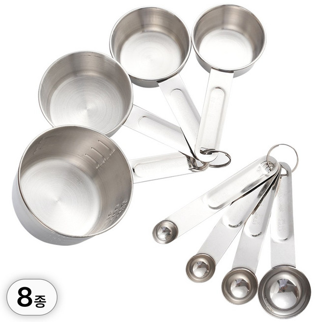 투데이리빙 8종 세트 계량컵 + 계량스푼 스텐 업소용 가정용 수업용 커피 베이킹 주방 요리 용량 측정 계량 스푼 컵, R98042S(스테인리스 8종, 1세트, 실버