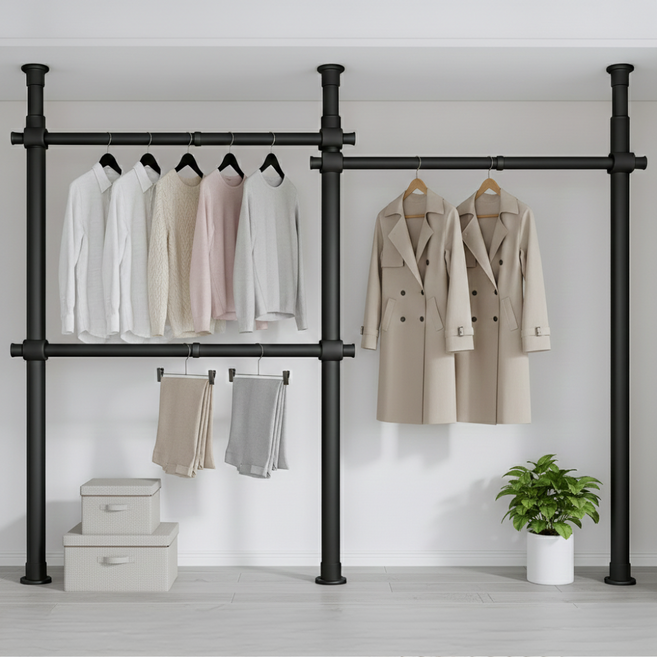 38파이 와이드 3단 행거 튼튼한 고정식 시스템 행거, 넓이 200-360cm x 높이 110-260cm