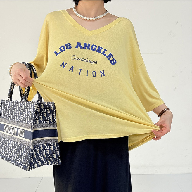 빅걸스토리 빅사이즈 여성 실키 스판 오버핏 브이넥 반팔티