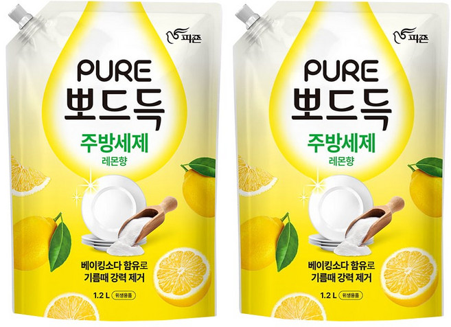 피죤 퓨어 뽀드득 주방세제 레몬향, 1.2L, 2개