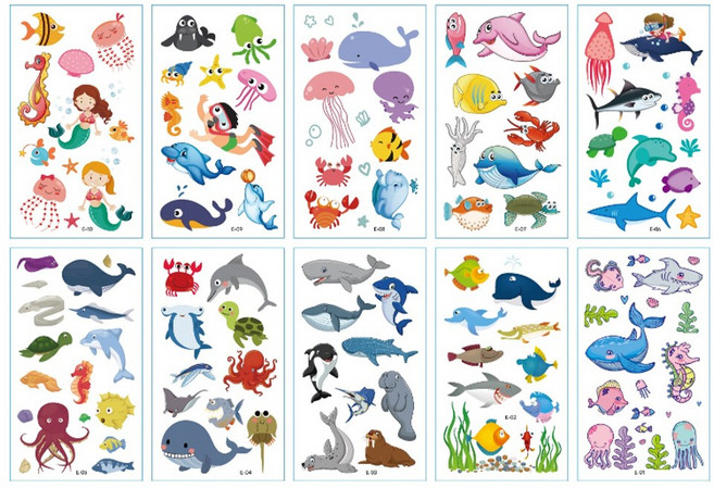 KC인증 어린이 타투스티커 바다동물 수중생물 캐릭터 소품 꾸미기 놀이 스티커, 수중생물 타입 II타입 10종 1세트, 1개