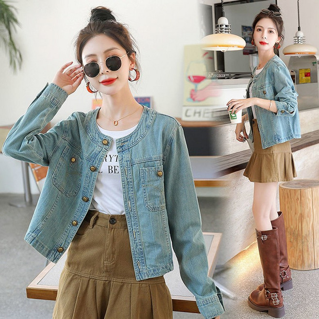 빈티지 고급스러운 데님코트 노카라 날씬해보이는 라운드넥 워싱 데님 자켓 패션 여성 긴팔 청재킷