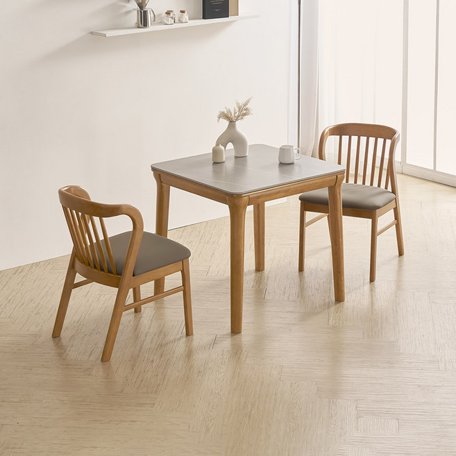 라로퍼니처 허브 800 포세린 통 세라믹 2인 고무나무 원목 식탁 세트, 식탁+의자2, 그레이