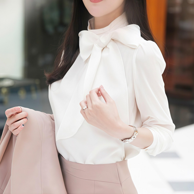 Makone 하프넥 왕리본 쉬폰 블라우스 화이트