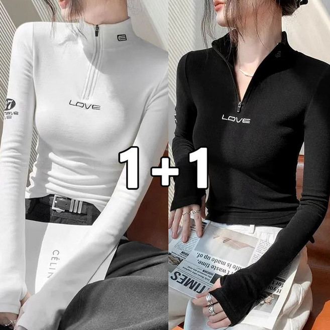 꽃소담 1+1 여성 슬림핏 반집업티 러브 약기모 이너티 러닝 운동복 헬스복 목폴라 긴팔티 MXP26A125