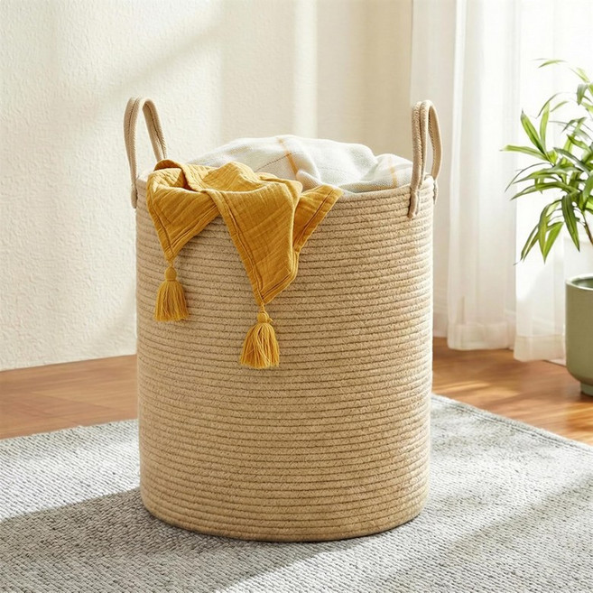 송믹스 세탁 바구니 손잡이가 달린 면 로프 용 장난감 의류 거실 침실 15.8 갤런 13.8 x 19.7 인치 황갈색 URLH0611KZ01, 60 L, Yellowish Brown