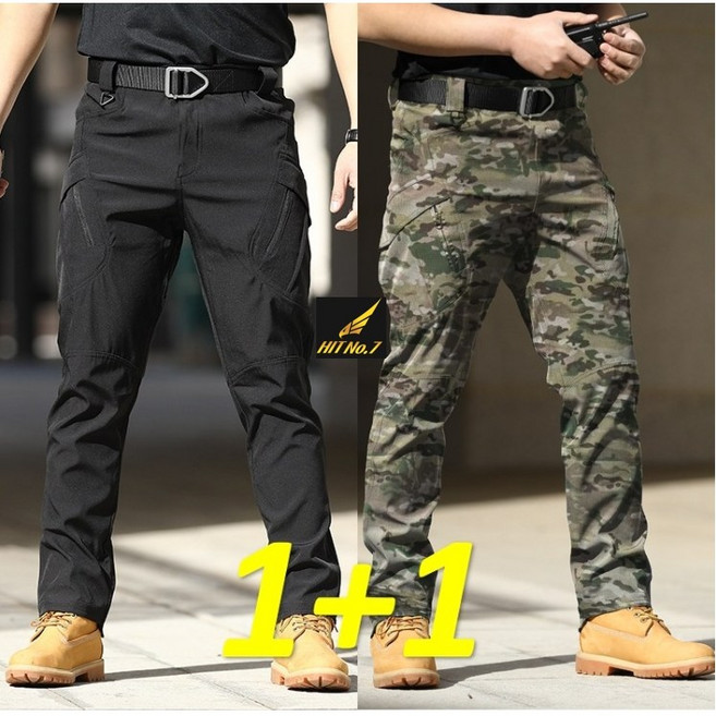 1+1(2벌) IX9 스판 전술바지 남자 카고팬츠 작업복 건빵 일자 오토바이 바지 빅사이즈, 36(XL), IX9(블랙+밀리CP)