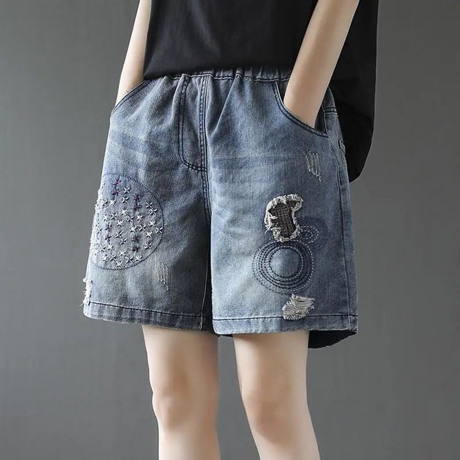 AOKADA 여성 와이드 청반바지 밴딩 자수 패치워크 데님 쇼츠 여름 팬츠