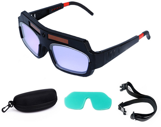 太陽能自動變色焊接護目鏡, 電焊眼鏡+保護片5入+眼鏡拉鍊盒+鬆緊帶, 1個