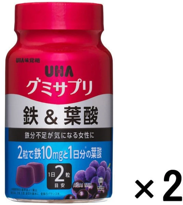 일본간식 일본젤리 일본구미 UHA미각당 구미서플리먼트 철&엽산 보틀타입 30일분 x 2통 - 쿠팡