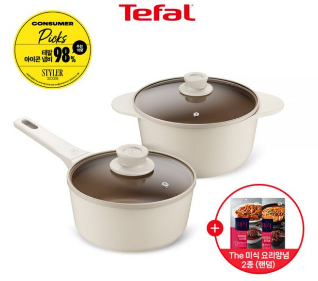 2종세트 테팔 세라믹 인덕션 주물 아이콘 냄비 오트밀크 편수 18cm + 양수 18cm, 미식양념 2종(랜덤), 양수 18cm + 전골 24cm