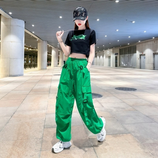 HARANG 줌바 바지 티셔츠 세트 힙합 방송 댄스 와이드 조거 반팔 팬츠 여성 여름 에어로빅복 여성용 댄스복