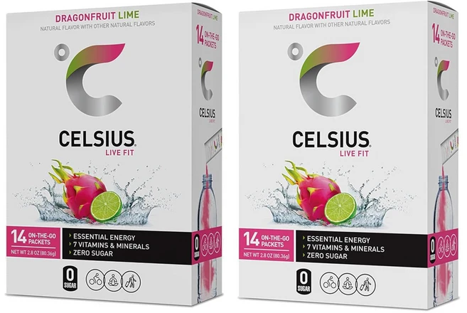 셀시어스 CELSIUS 라이브핏 에너지 파우더 드래곤프룻츠 라임맛 Powder Sticks 14개입x2팩, 80.36g - 쿠팡