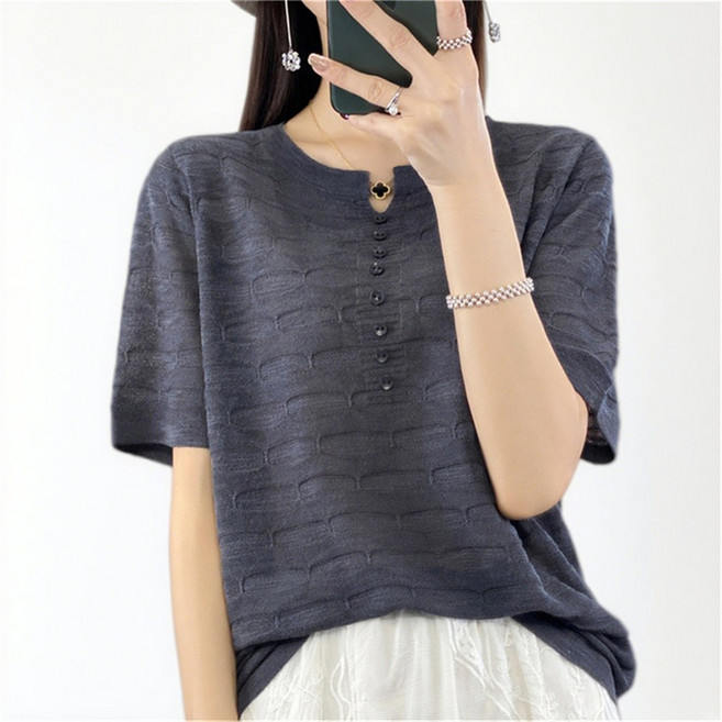 Vezri 린넨 혼방 버튼 프론트 반팔 티 여성용 여름 캐주얼 상의