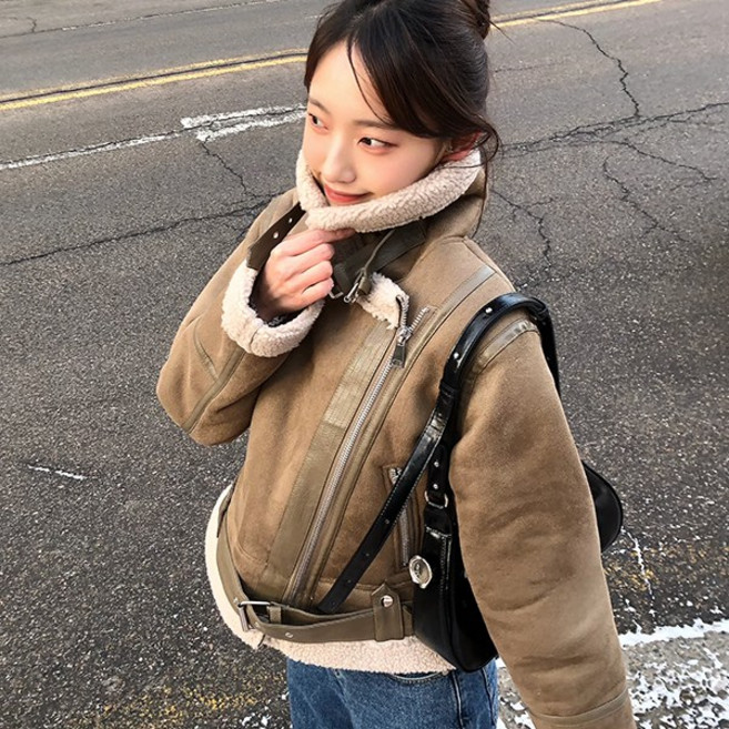 에이든 스웨이드 무스탕 하이넥 양털안감 퍼카라 뽀글이 자켓