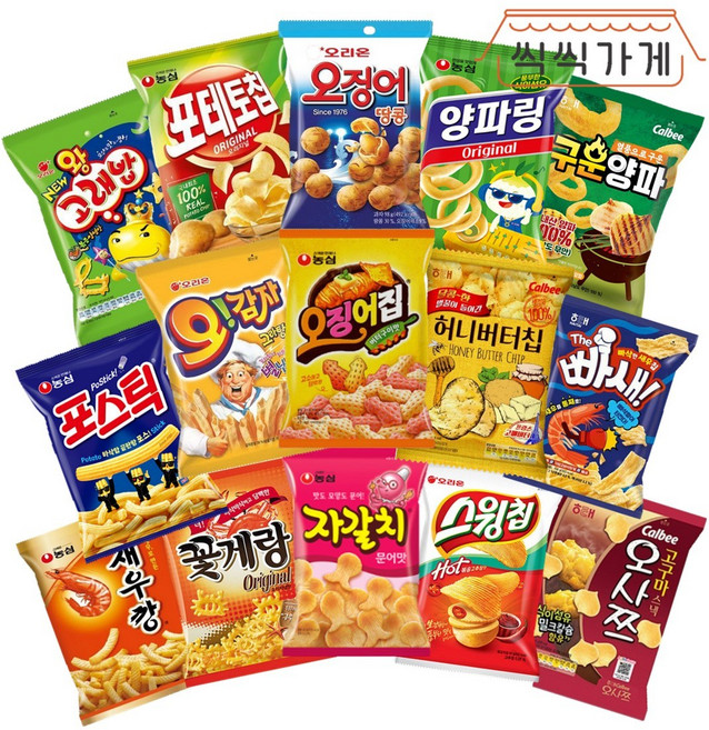 [씩씩가게] 초코없는 단짠 과자 15종세트 (허니 빠새 오사쯔 오징어 새우 포스틱 꽃게 스윙 구양 포테토 양, 98g, 1개