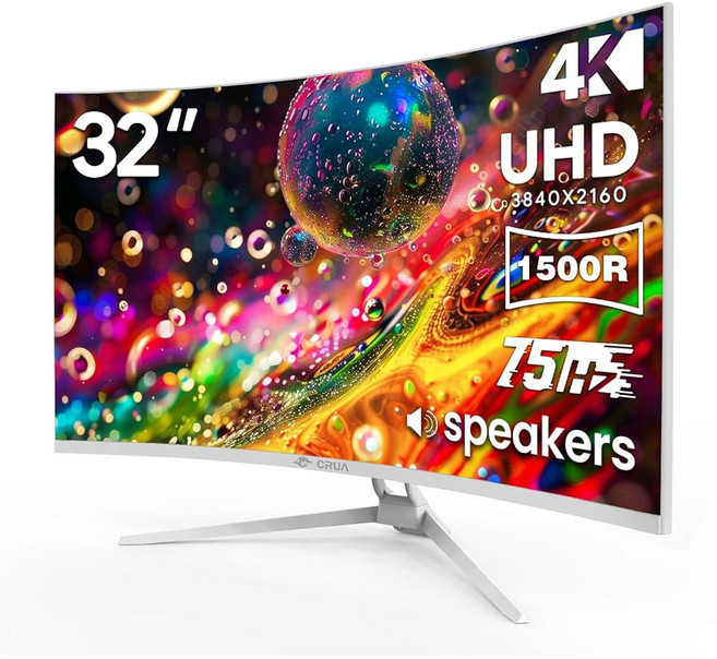 CRUA 32인치 화이트 커브드 모니터 4K UHD 3840 2160P 1500R VA 화면 75Hz 컴퓨터 모니터는 AMD 프리싱크 120% sRGB 내장 스피커 필터, 1500R UHD 75Hz, 32Inch, White