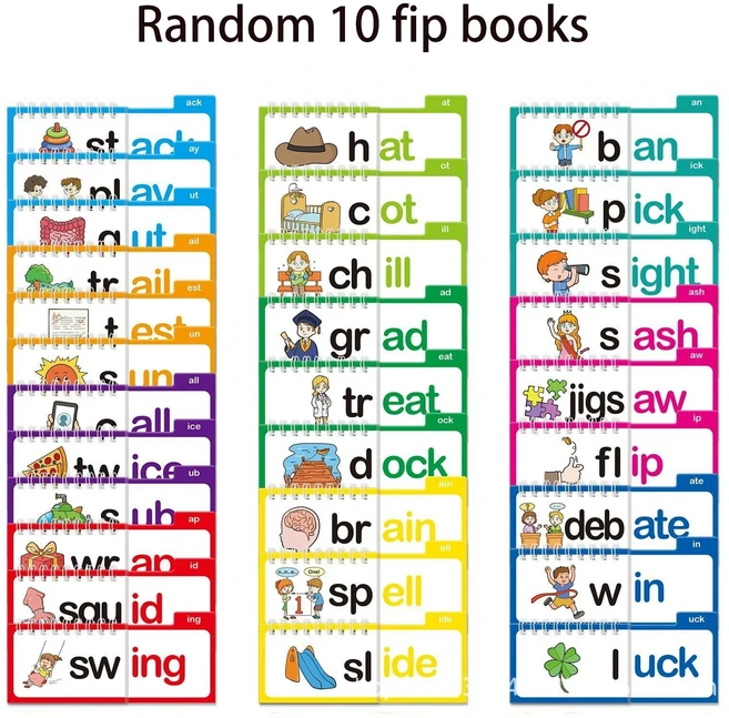 쿠쿠스토어 독서 플립 북 읽기 및 운율 단어 가족 플래시 카드 ABC 몬테소리 교육, [01] Random 10 fip books
