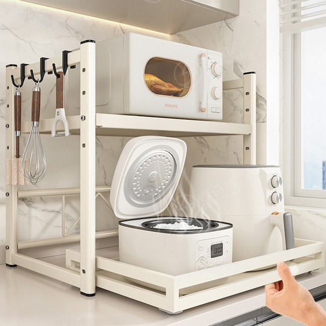 LY 전자레인지 거치대 슬라이딩 2단 선반 높이조절식 주방 수납거치대 밥솥 캐비닛, 크림색 선반