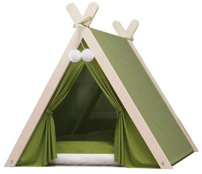 펫블리스 고급 애견 원목 인디언 텐트 방석 하우스, 1개, 그린