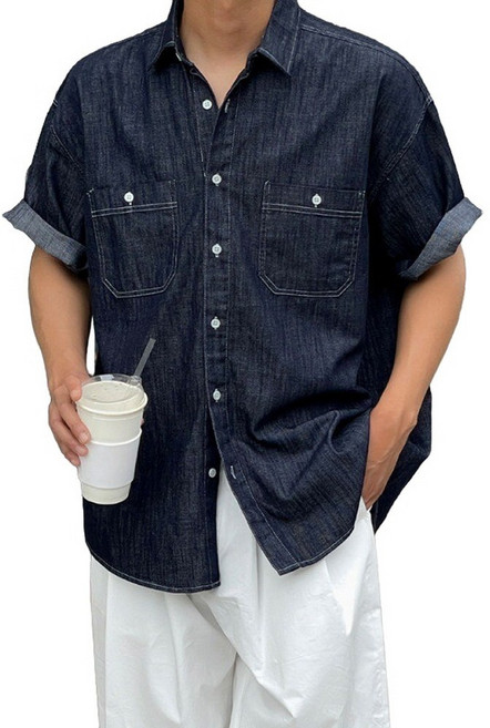 지디오 남성 반팔 데님 셔츠 진청 카라 청남방