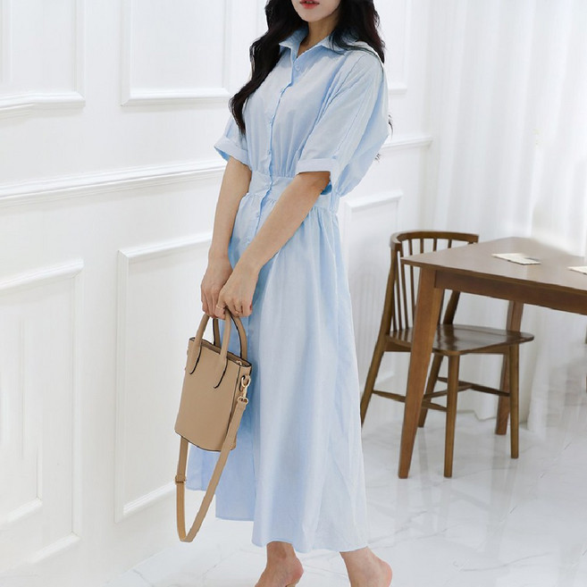 러비블리 여성 카라 버튼 반팔 롱 원피스