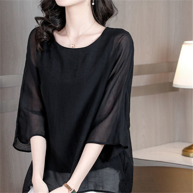 Vezri 중년여성용 쉬폰 블라우스 반팔 엄마룩 빅사이즈 배꼽커버