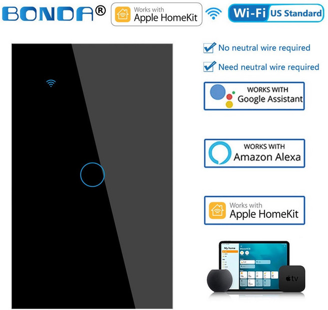 BONDA 智能開關 支援 Apple HomeKit Google Assistant Amazon Alexa Wi-Fi US 標準, 1個